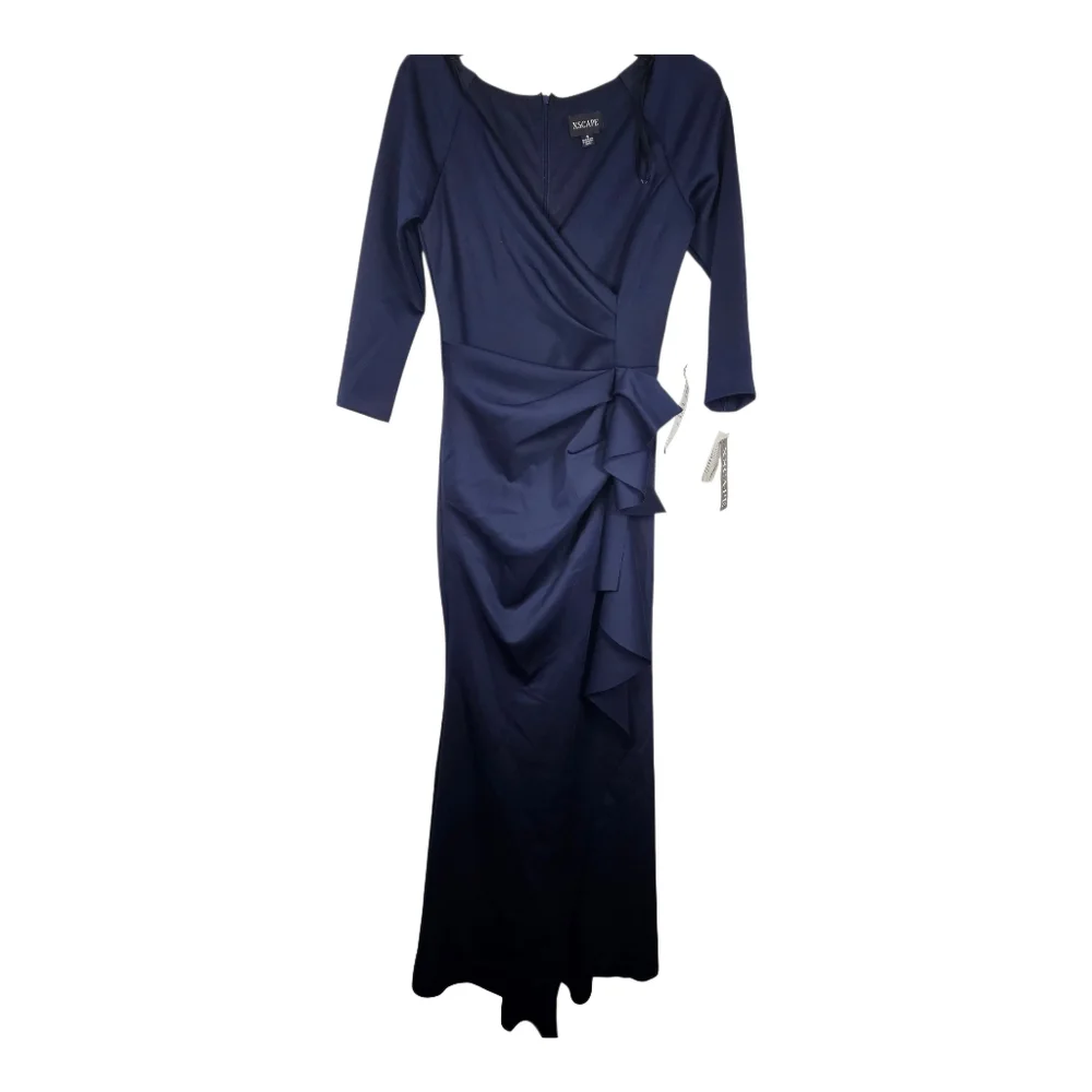 XSCAPE‎ Women’s Pleated Ruffle Scuba Evening Gown Midnight Blue Size 4 8 16 - Picture 3 of 3